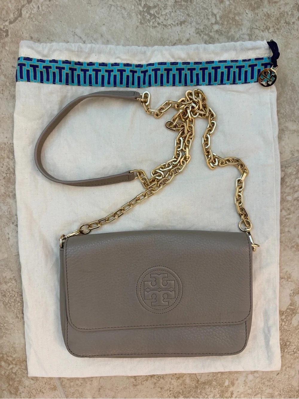 Tory Burch Amanda Gray Leather Logo Crossbody Chain Bag